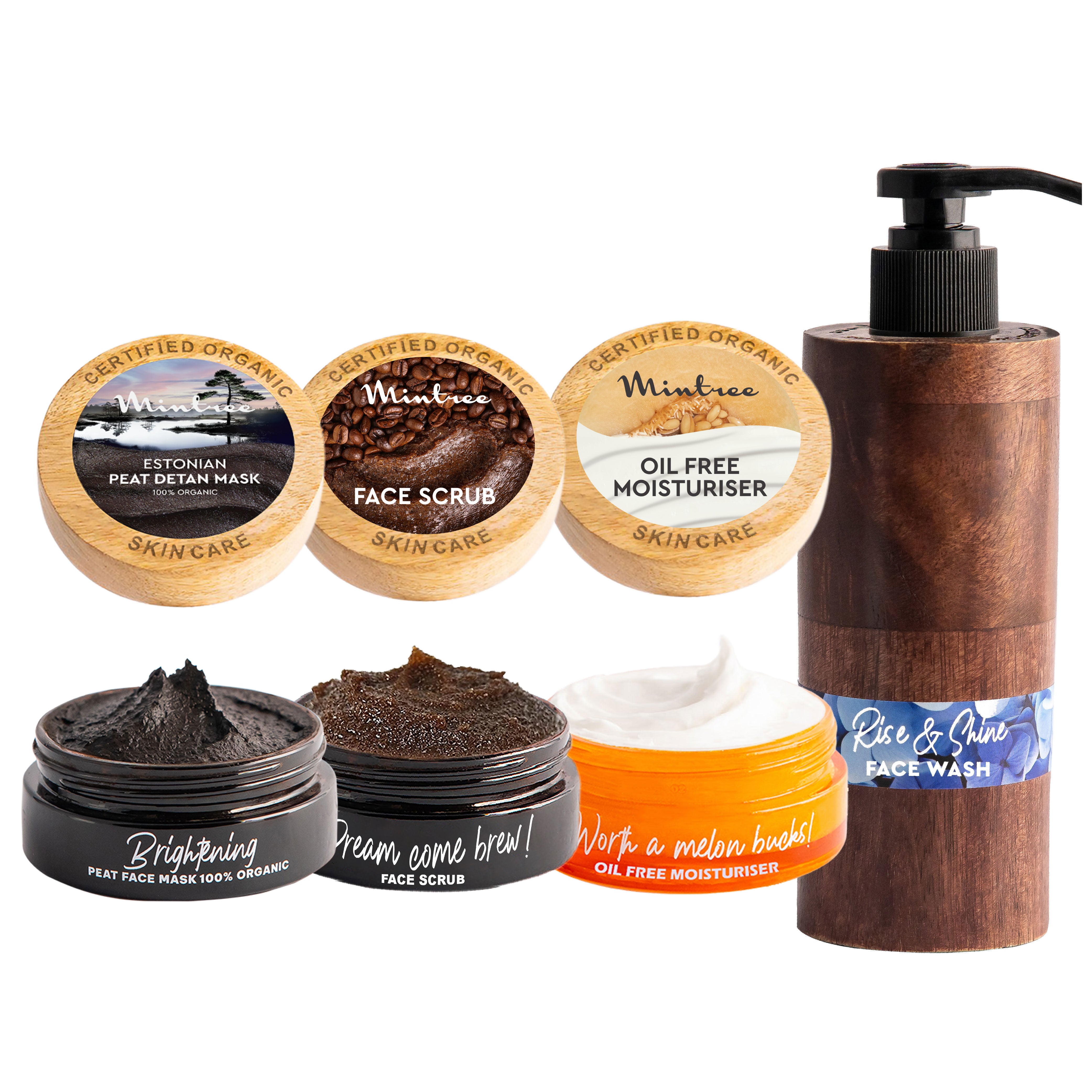 Coffee Face Scrub, Black Mask, Melon Moisturizer & Rise&Shine Face Wash