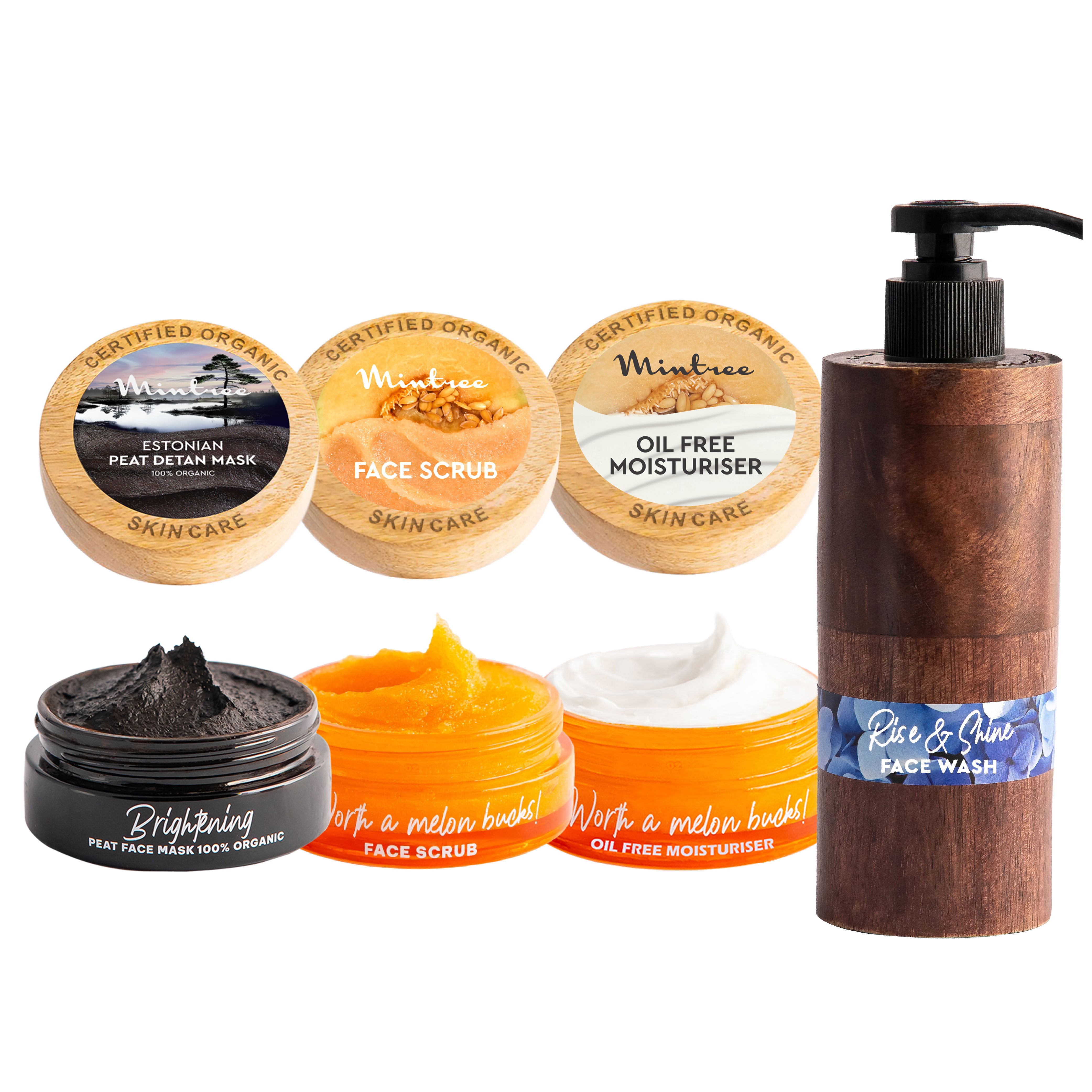 Melon Face Scrub, Black Mask, Melon Moisturizer & Rise&Shine Face Wash
