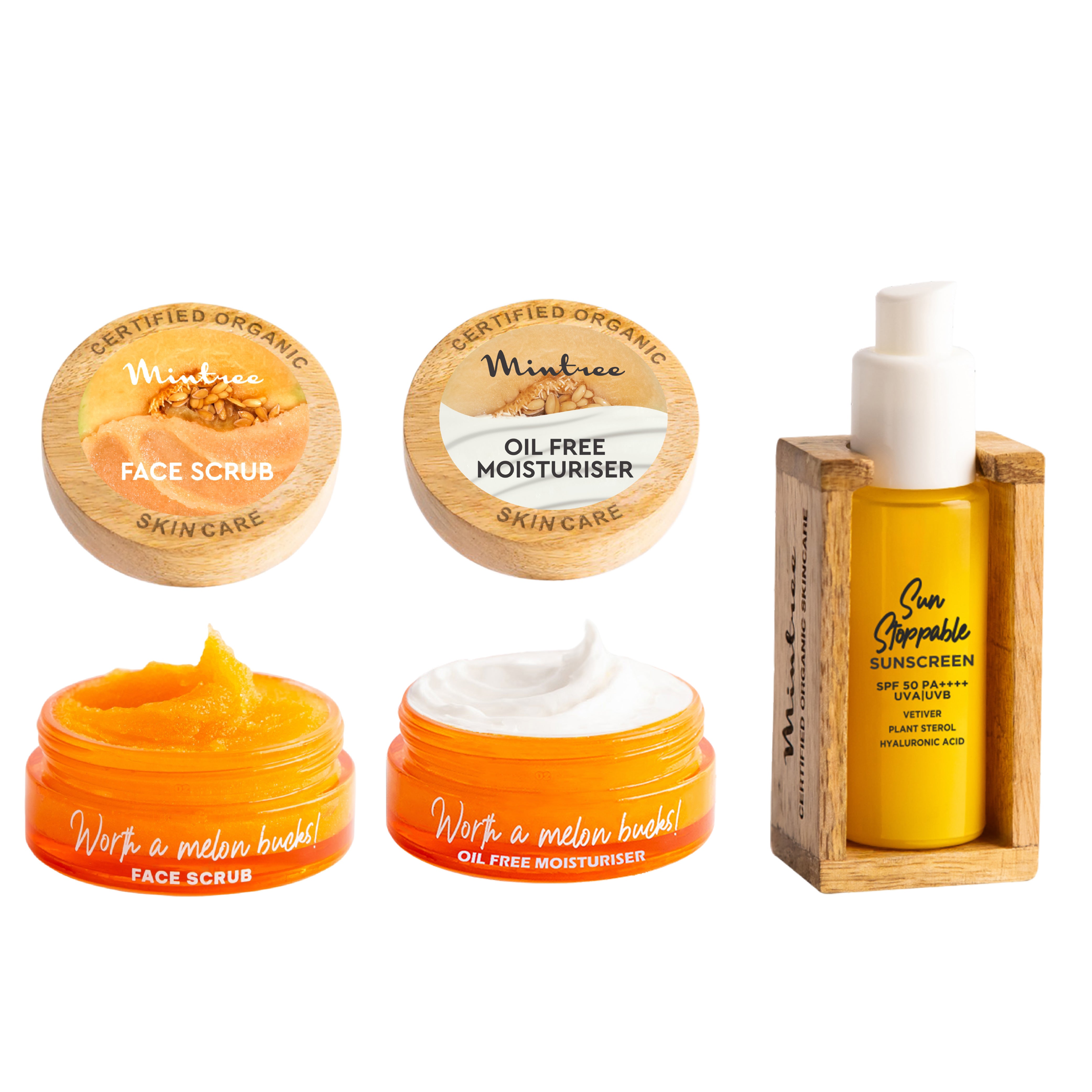 Melon Scrub, Melon Moisturizer & Sunscreen