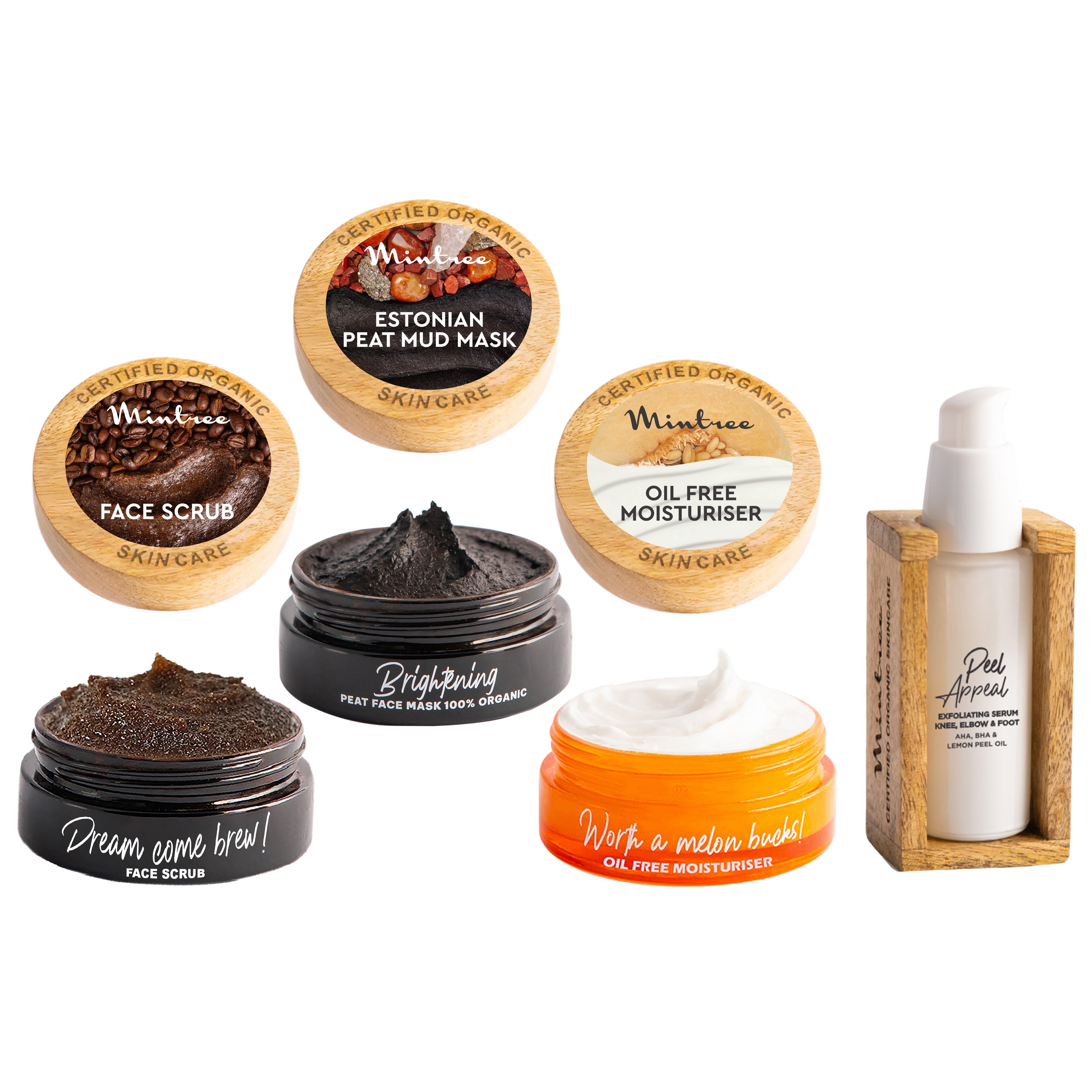 Coffee Scrub, Black Mask, Melon Moisturizer & Peel Appeal