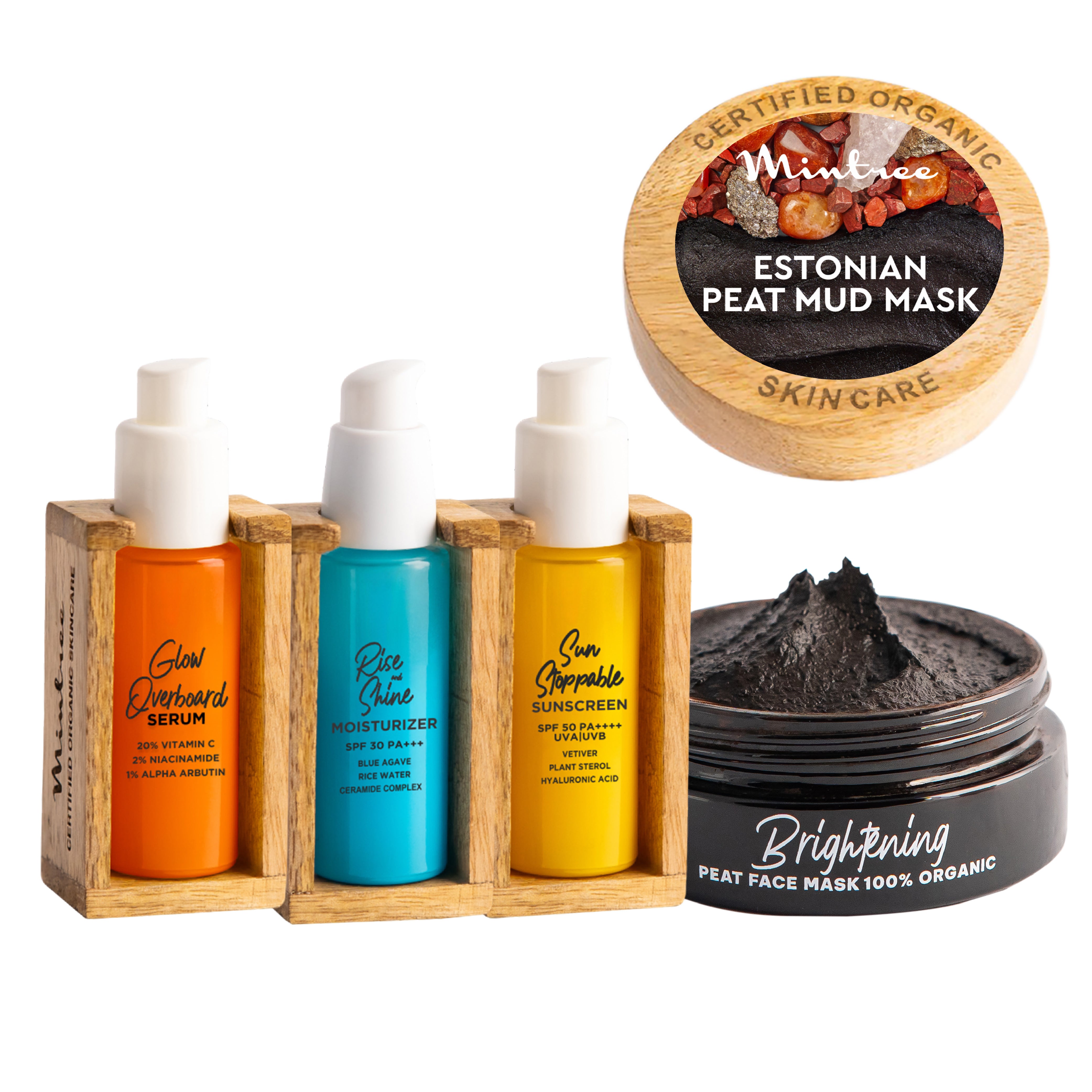Glow-overboard Serum, Black Mask, Rise&Shine Moisturizer & Sunscreen