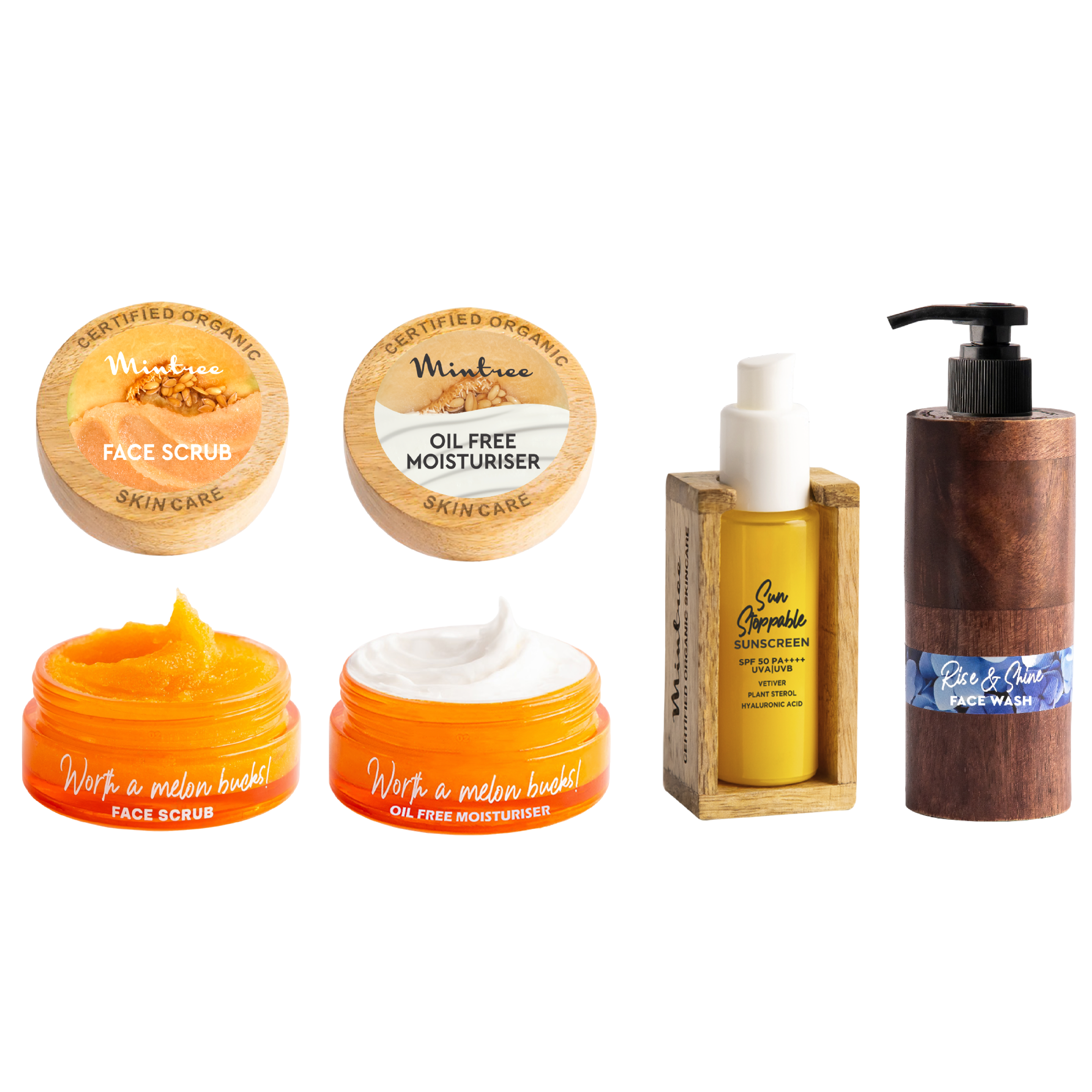 Melon Face Scrub, Moisturizer, Sunscreen & Face Wash