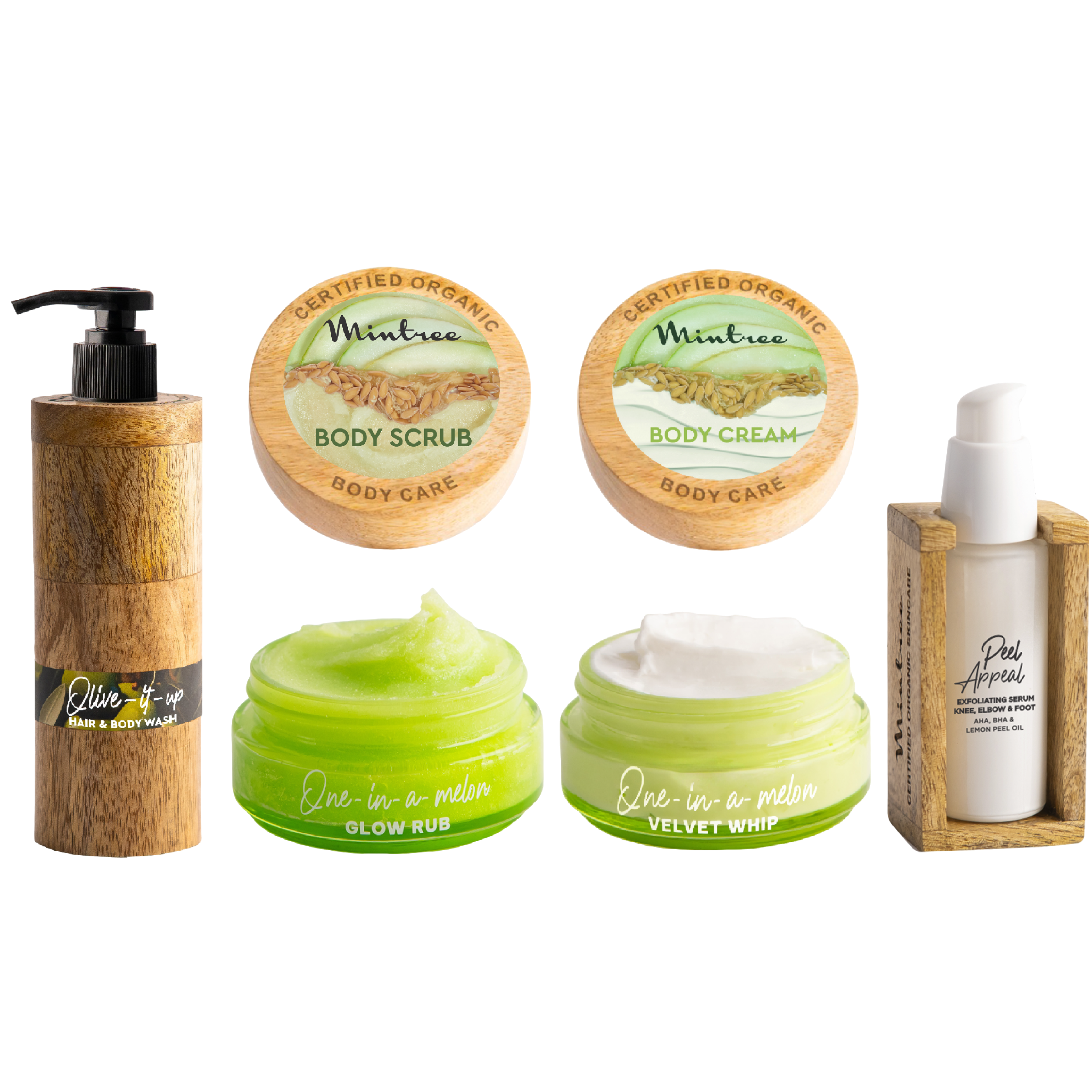 Peel Appeal Serum,Olive Hair & Body Wash,One in a Melon Body Scrub & Body Butter