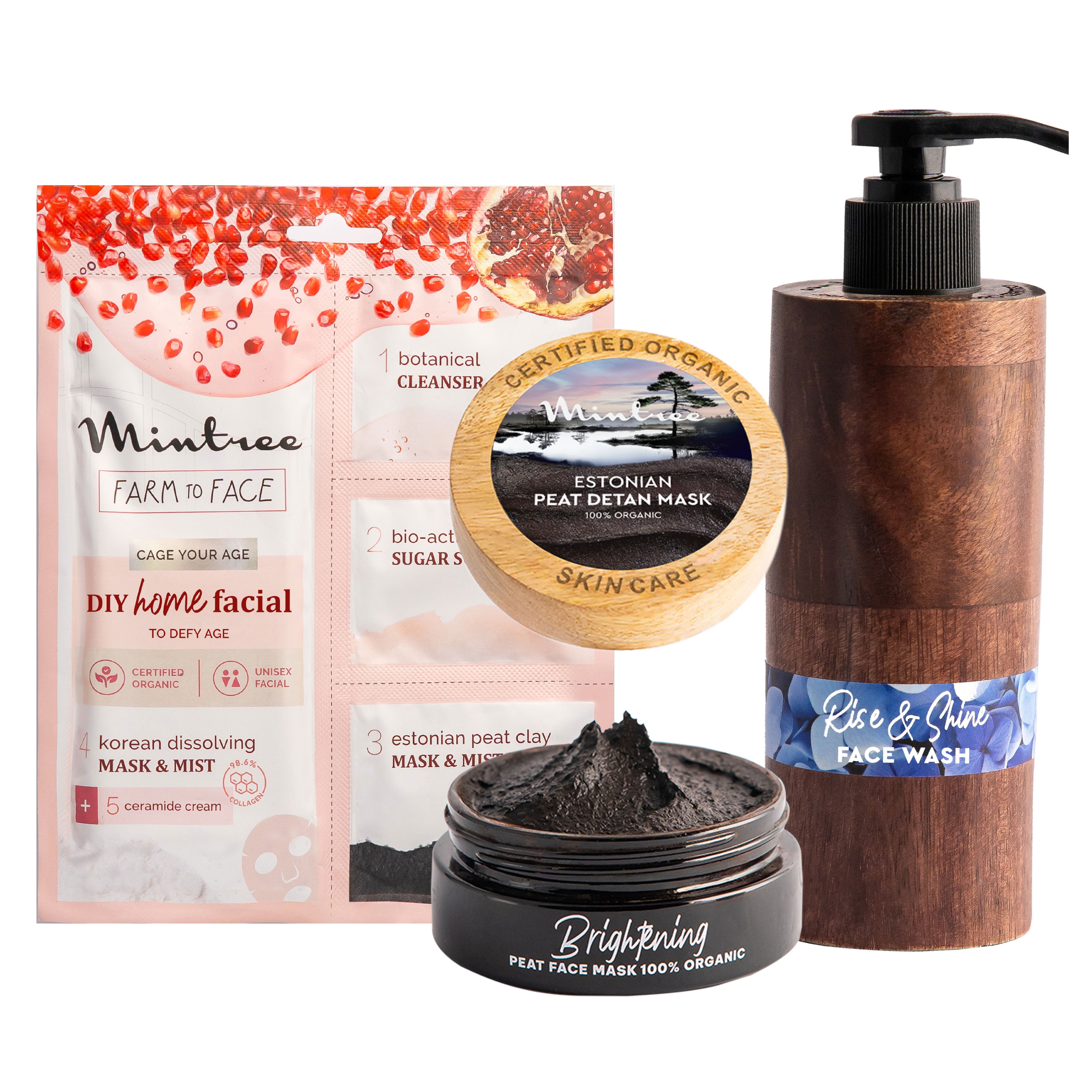 Rise&Shine Face Wash, Black Mask & Pomogrante Home Facial Kit