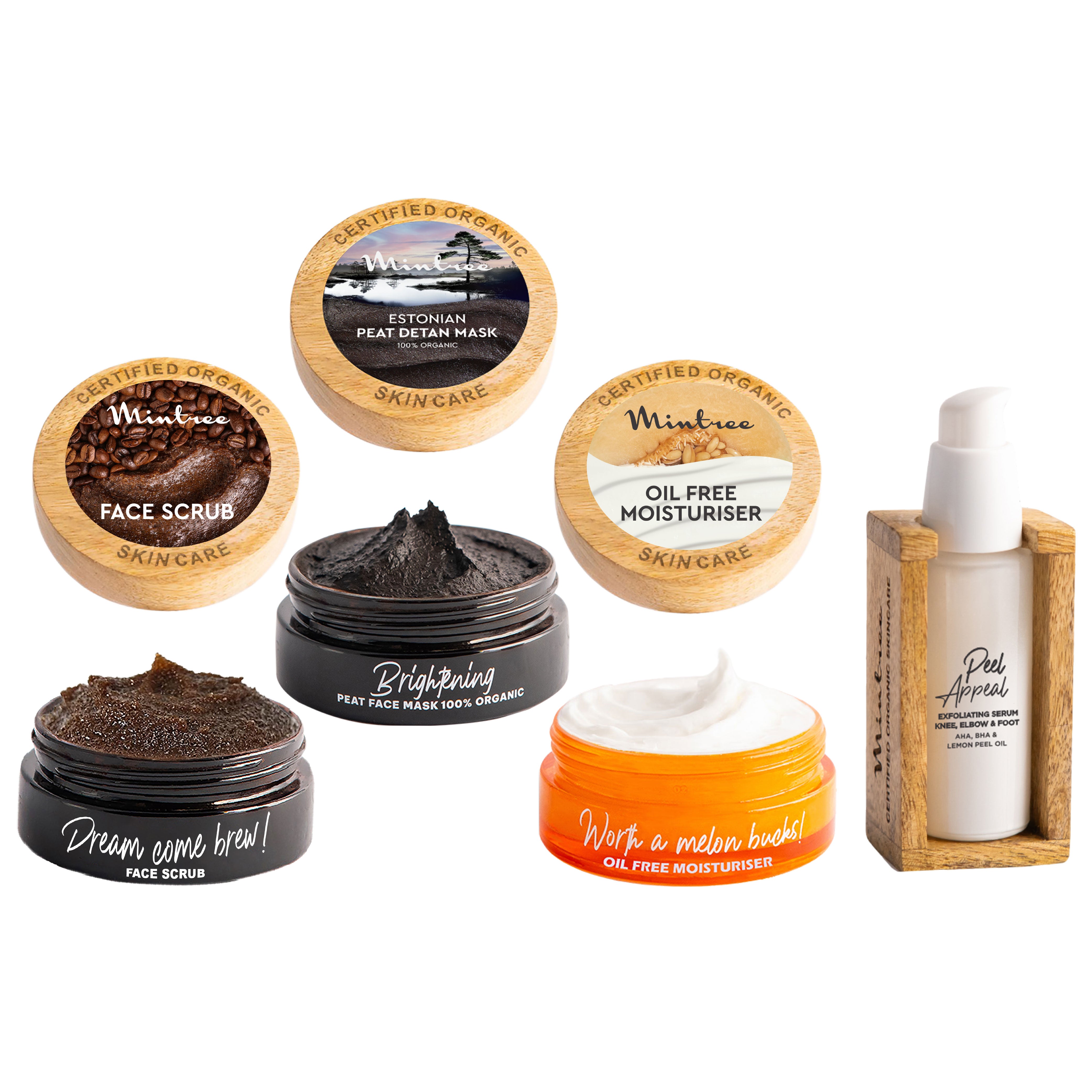Coffee Scrub, Black Mask, Melon Moisturizer & Peel Appeal