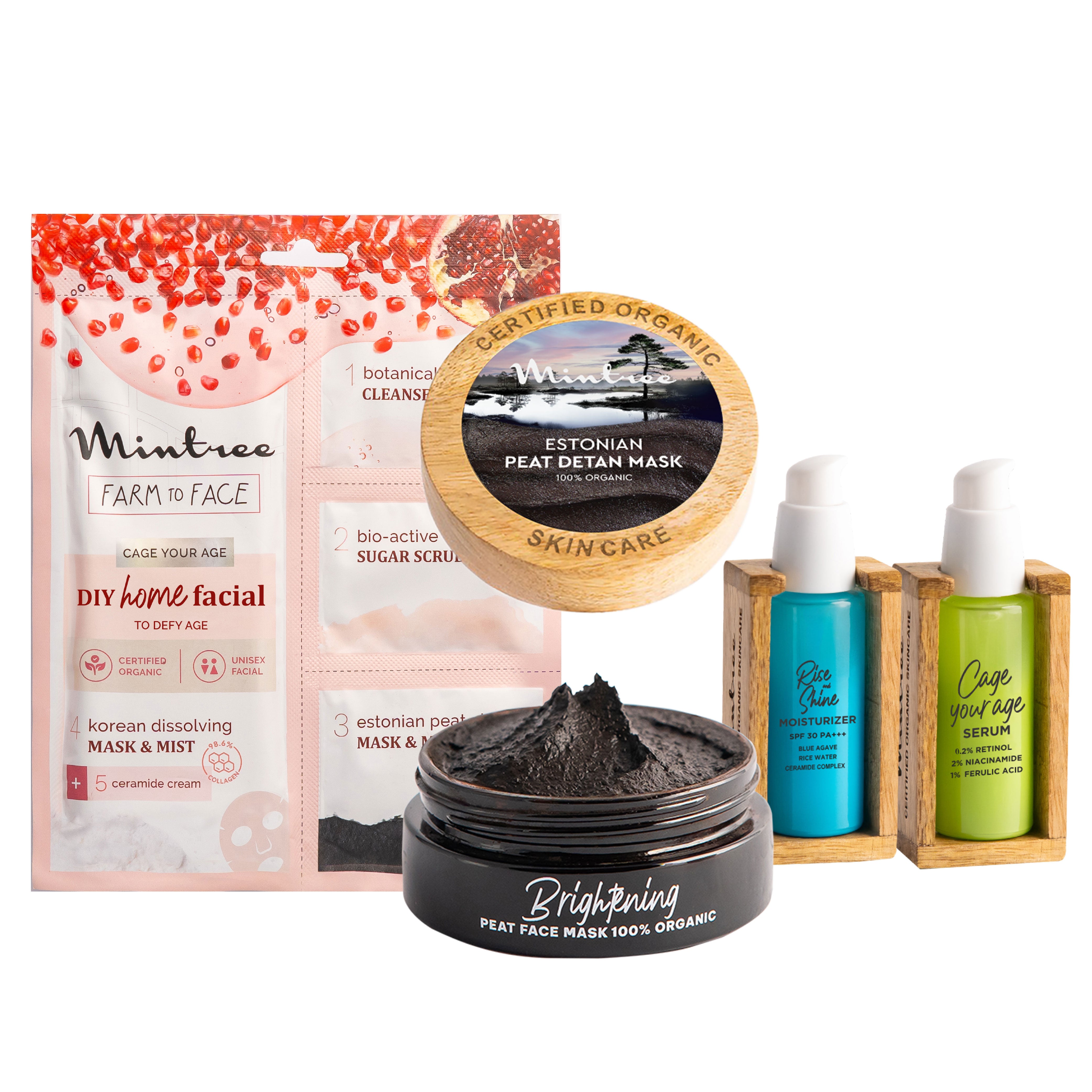 Cage Your Age Serum, Black Mask, Pomegranate Home Facial & Rise & Shine Moisturizer