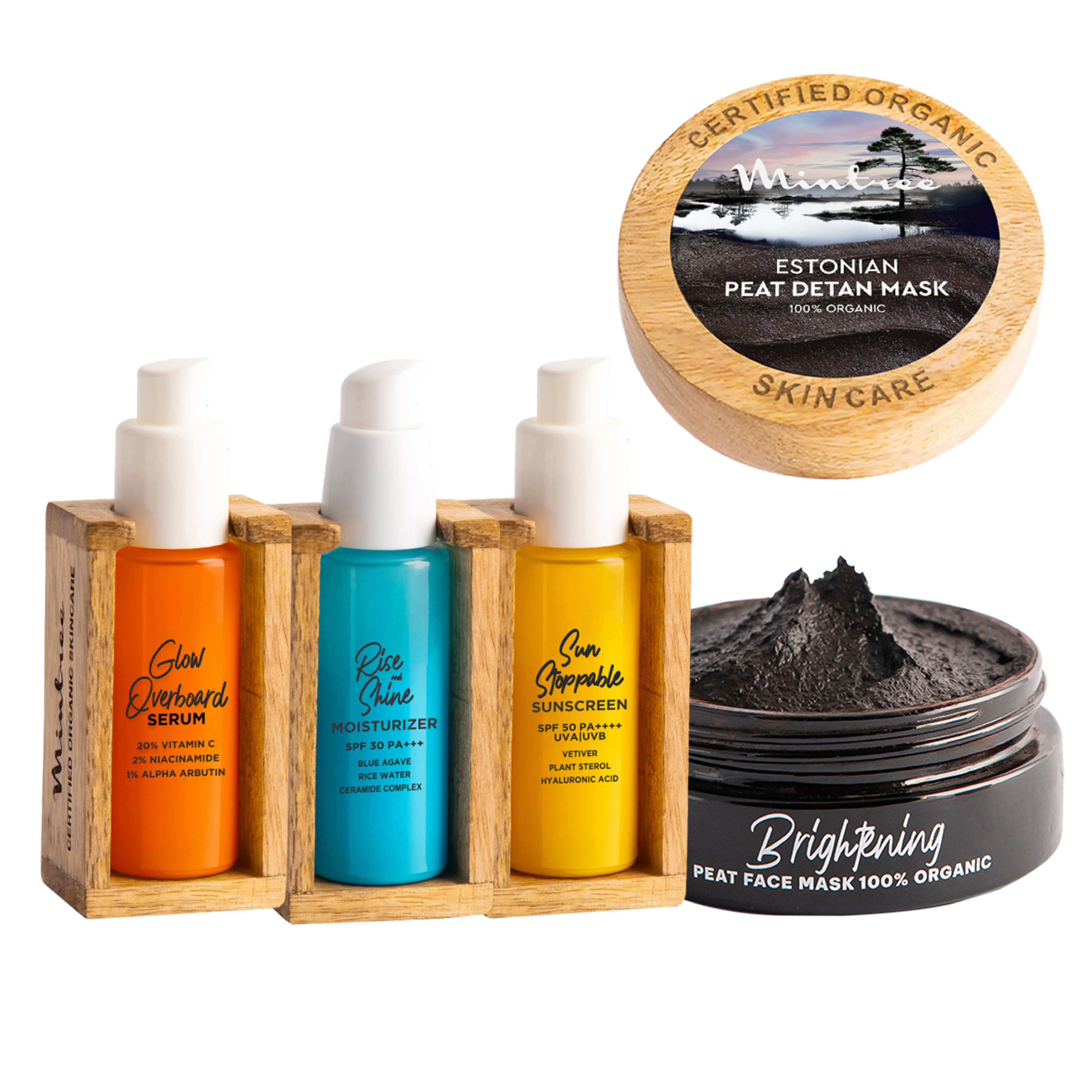 Glow-overboard Serum, Black Mask, Rise&Shine Moisturizer & Sunscreen