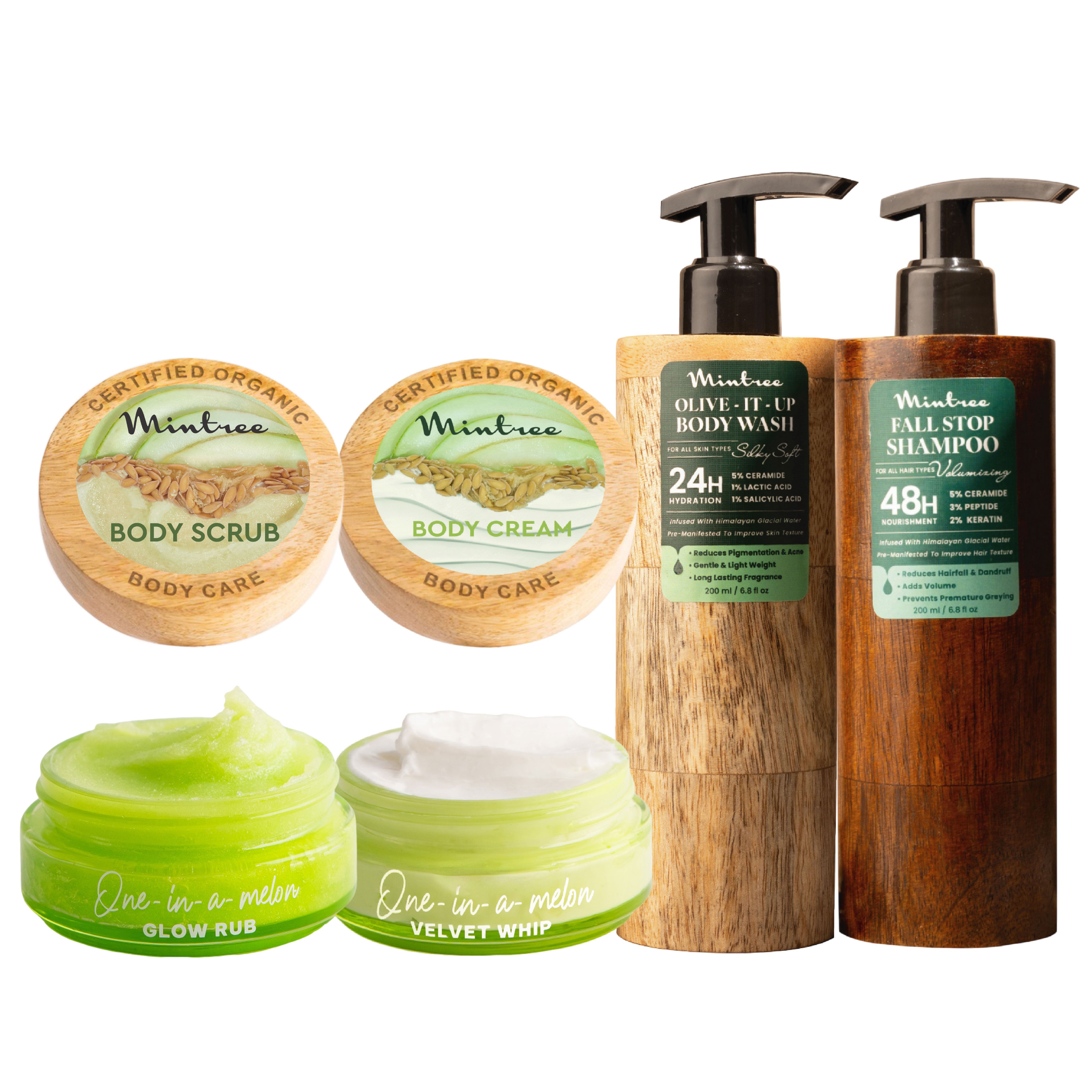 Olive Body Wash, Melon Body Scrub, Body Butter & Shampoo