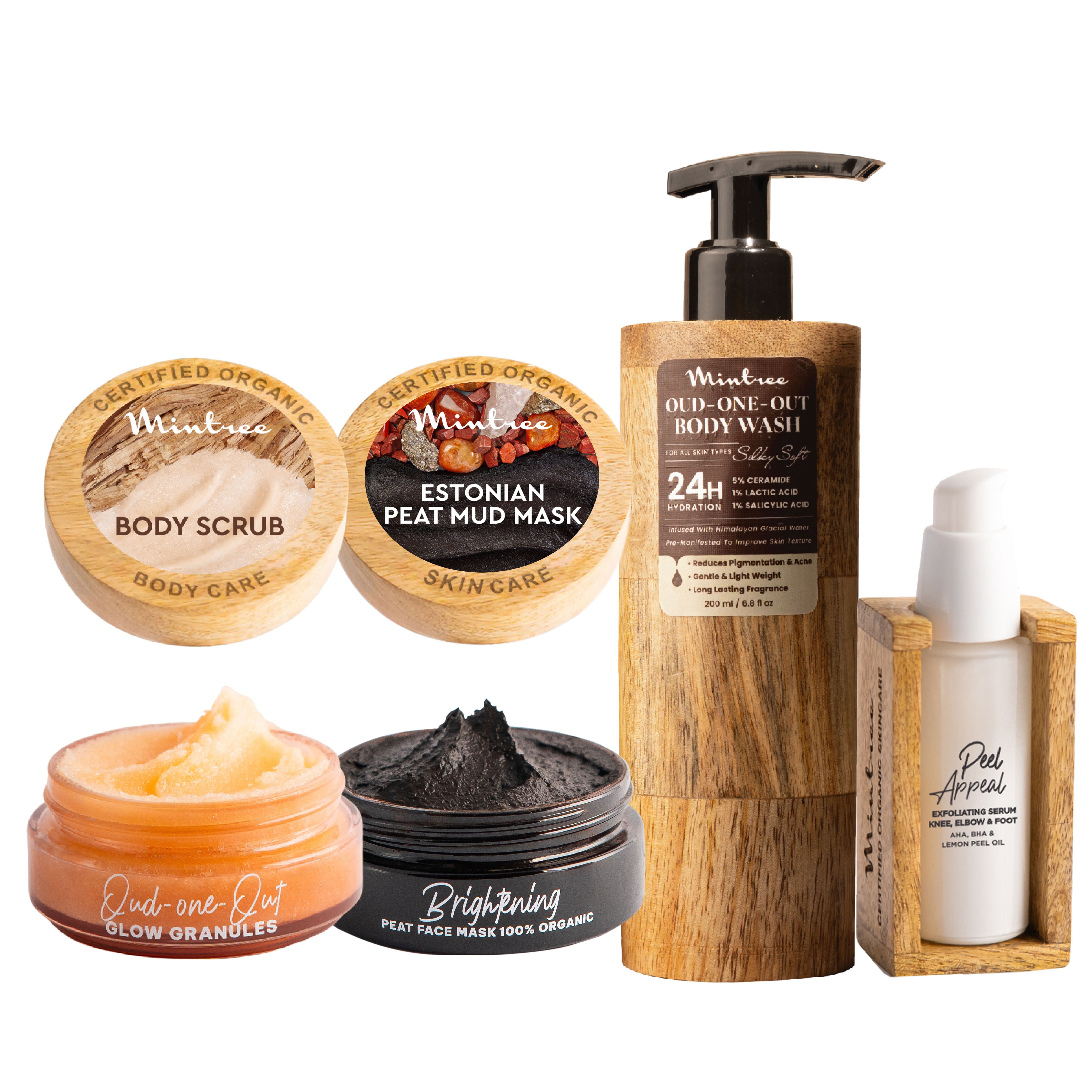 Peel Appeal Serum, Oud Body Wash, Oud Body Scrub & Black Mask