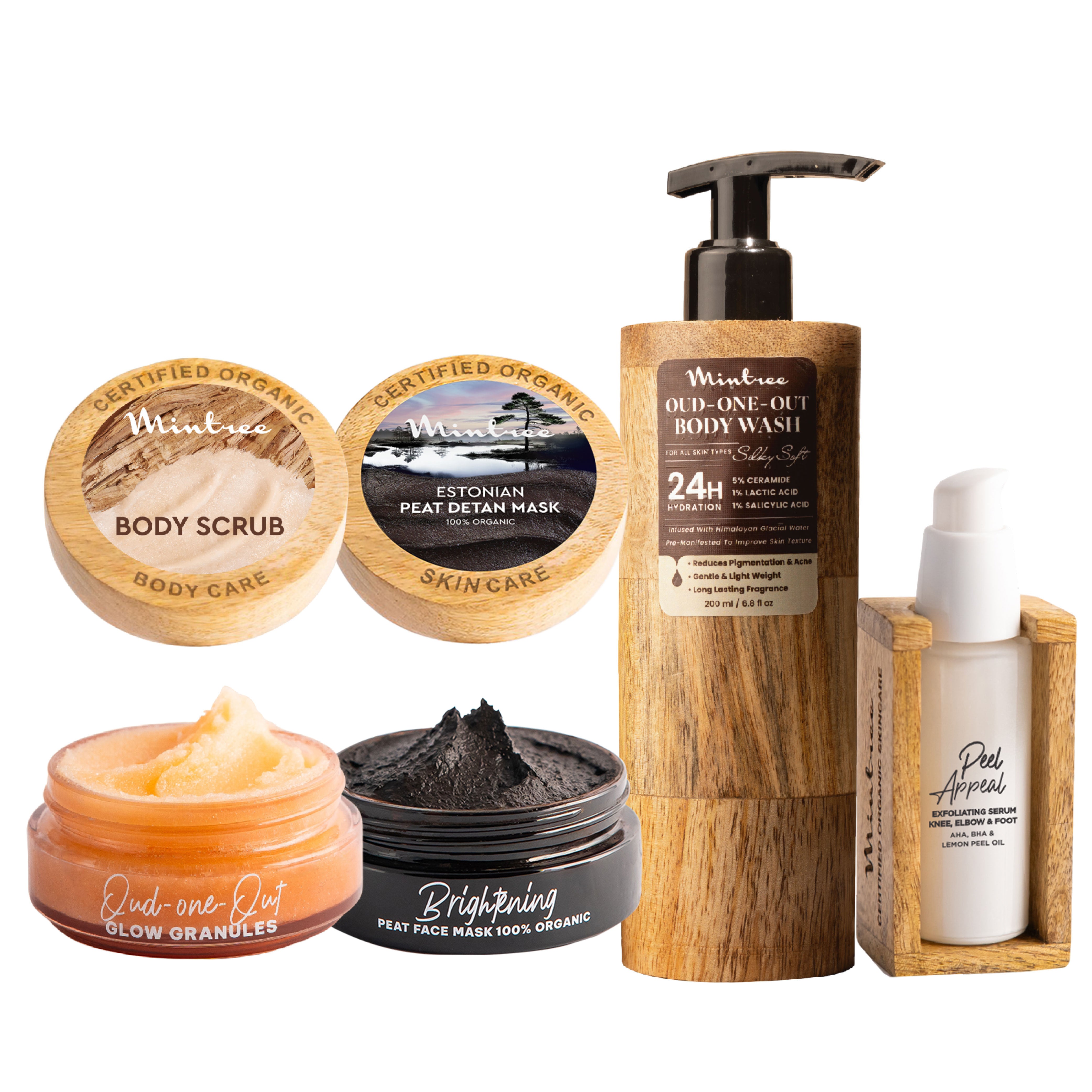 Peel Appeal Serum, Oud Body Wash, Oud Body Scrub & Black Mask