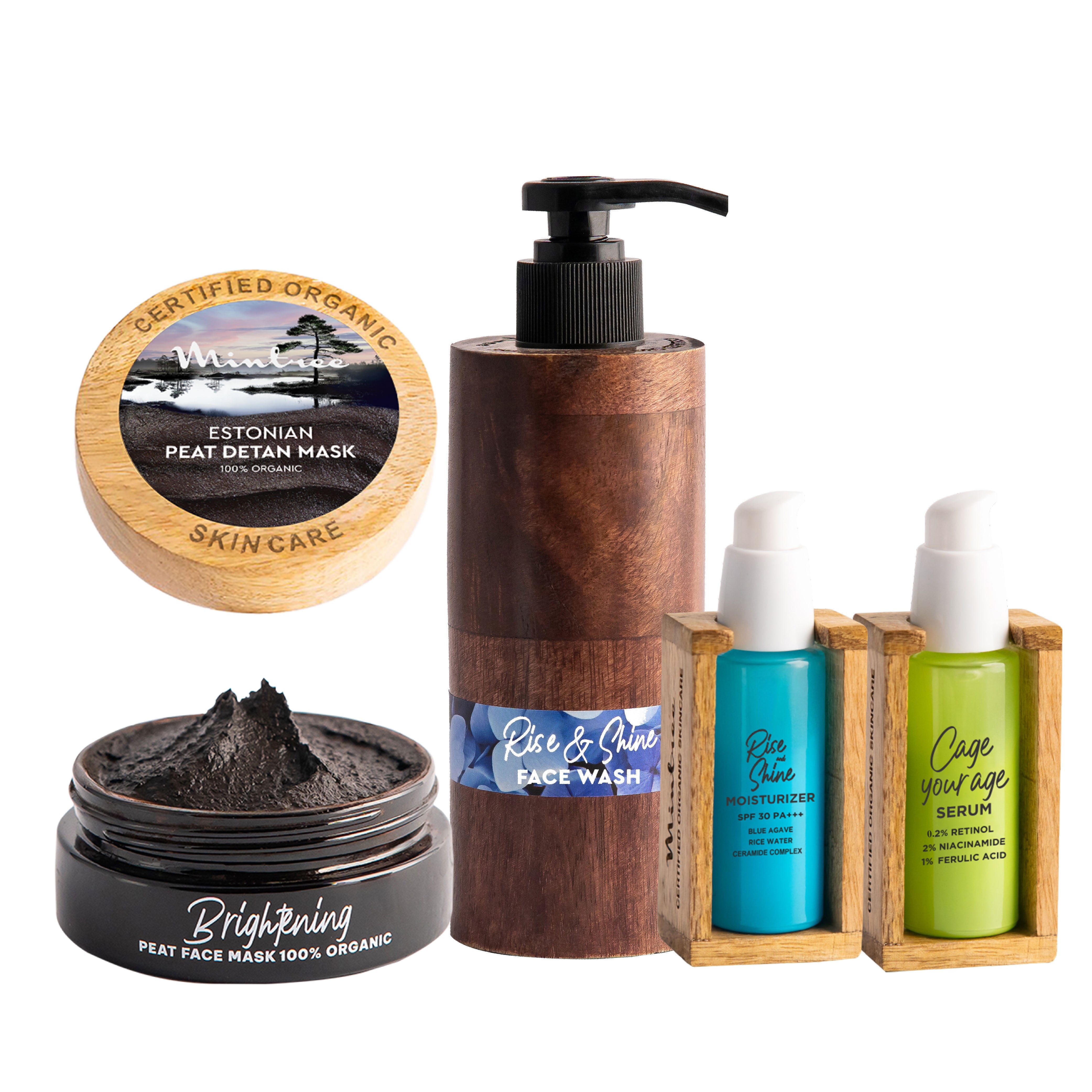 Cage Your Age Serum, Black Mask, Rise&Shine Face Wash & Rise&Shine Moisturizer