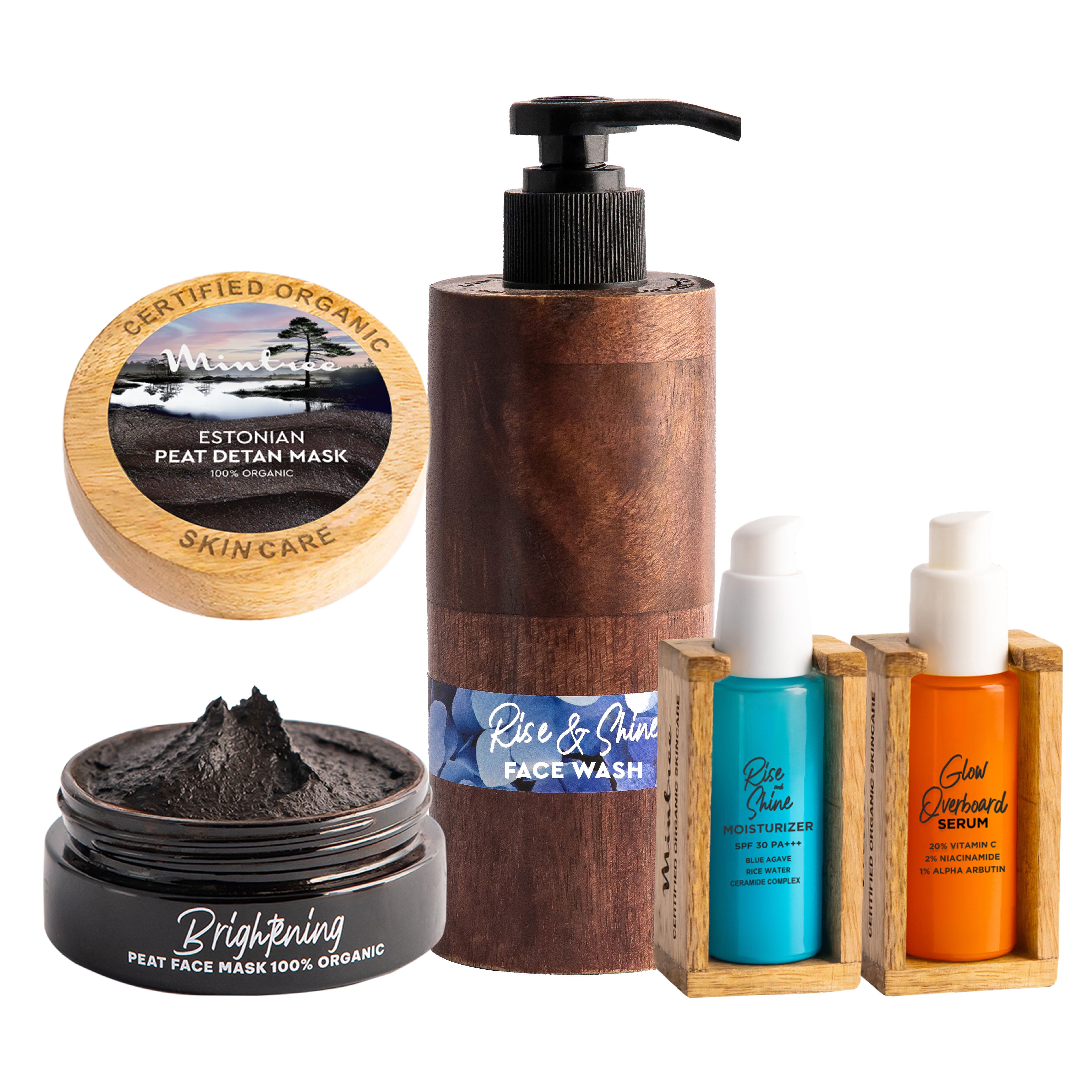 Glow-Overboard Serum, Black Mask, Rise&Shine Moisturizer & Rise&Shine Face Wash