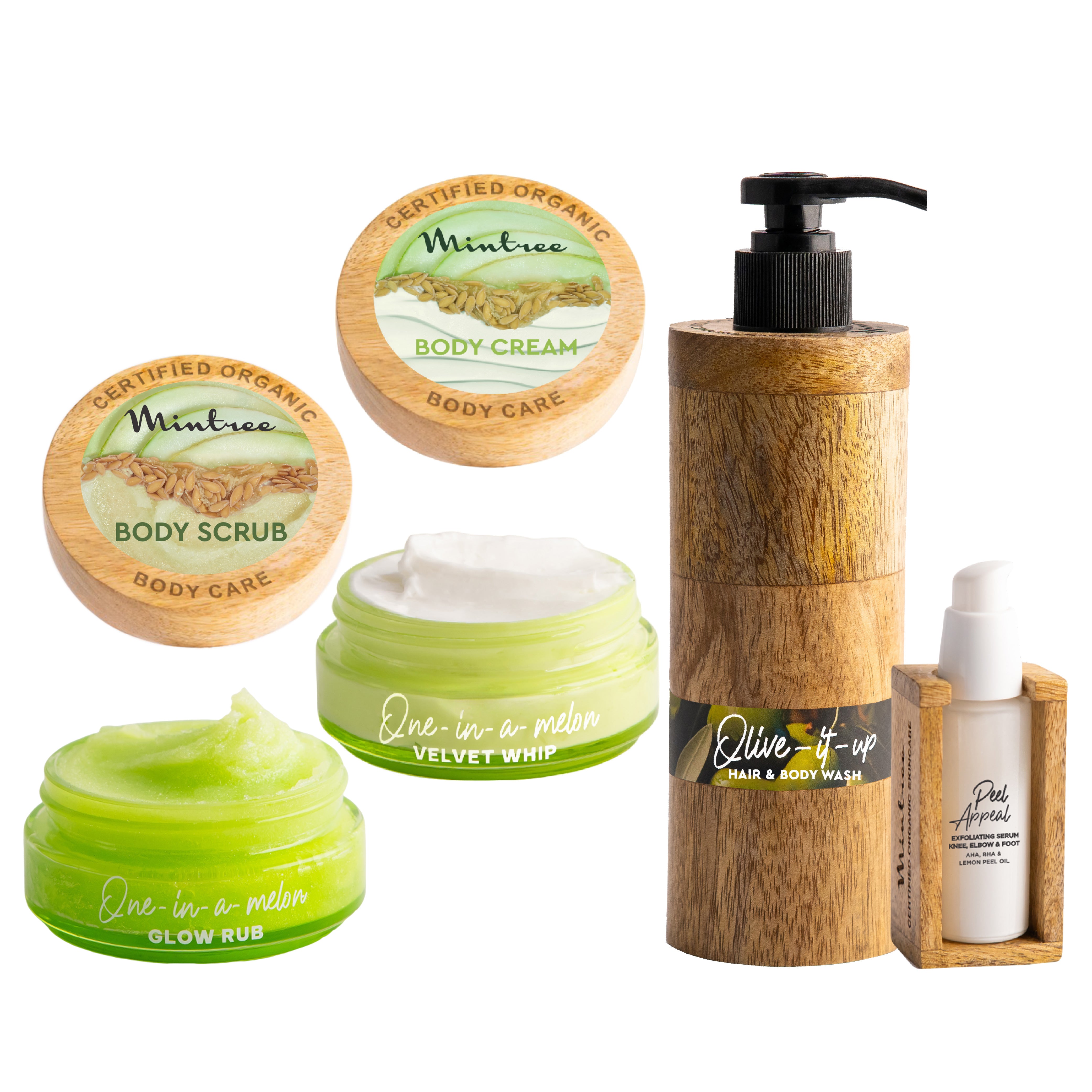 Olive Body Wash, Melon Body Scrub, Body Butter & Peel Appeal