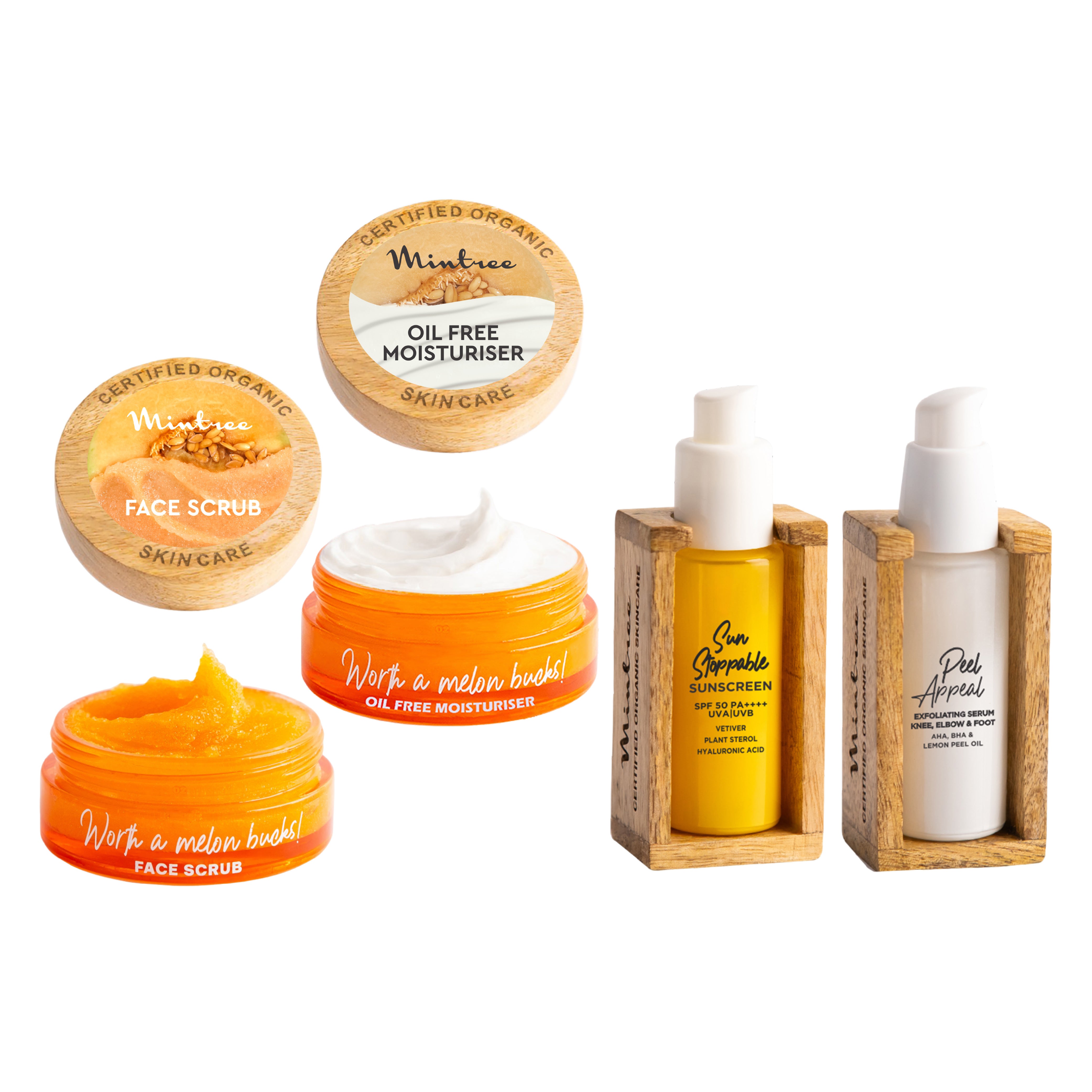 Melon Scrub, Melon Moisturizer, Sunscreen & Peel Appeal