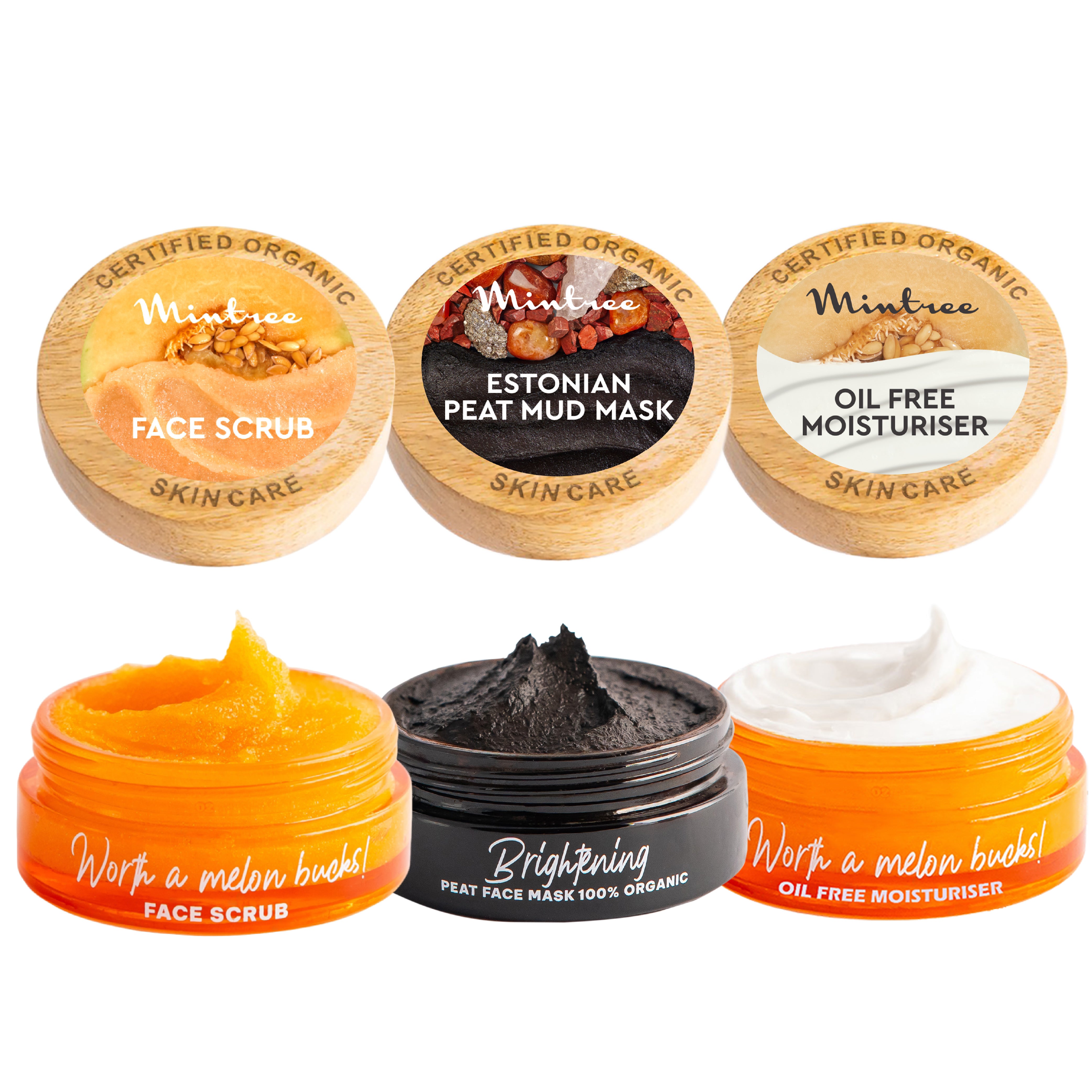 Melon Face Scrub, Black Mask & Melon Moisturizer