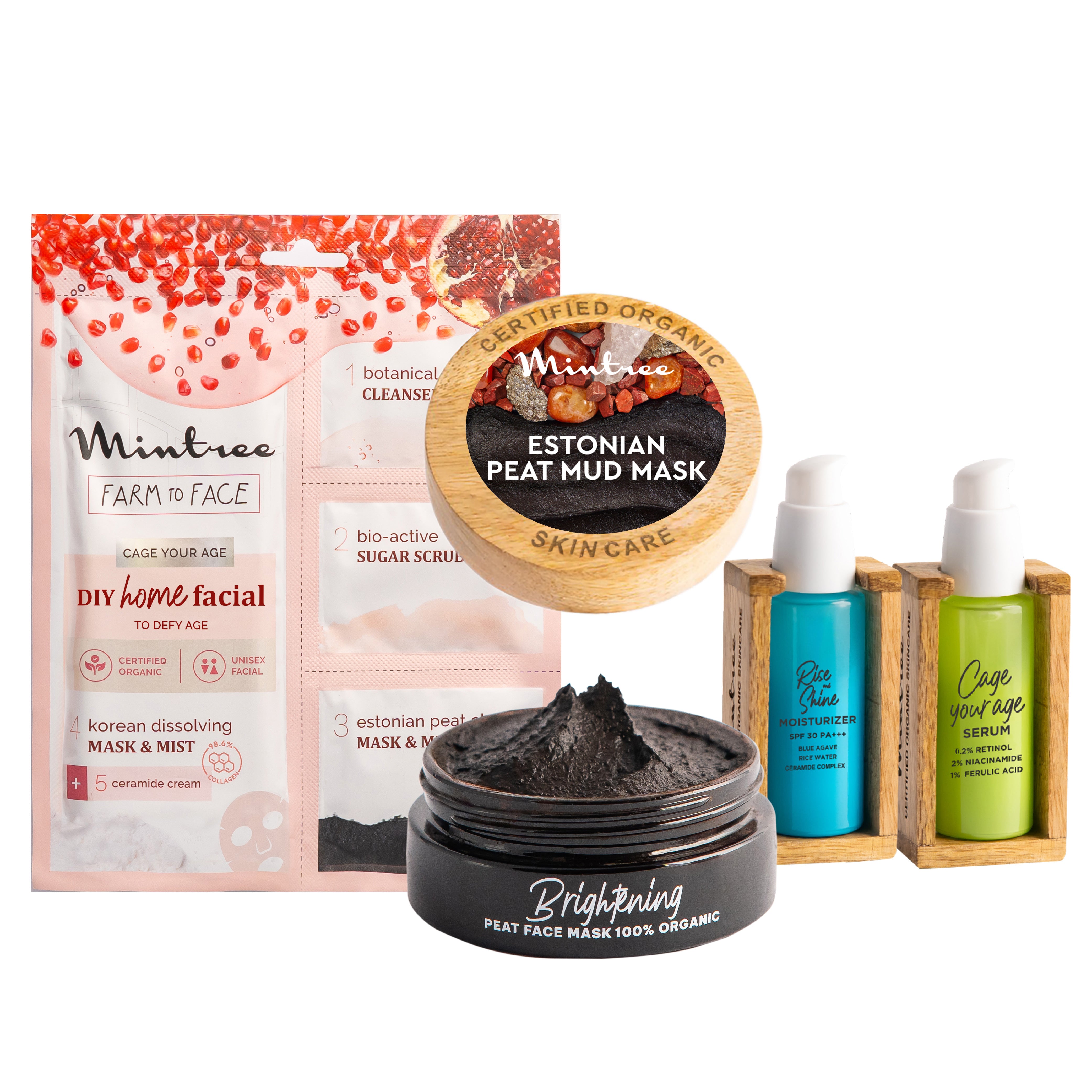 Cage Your Age Serum, Black Mask, Pomogrante Home Facial & Rise&Shine Moisturizer