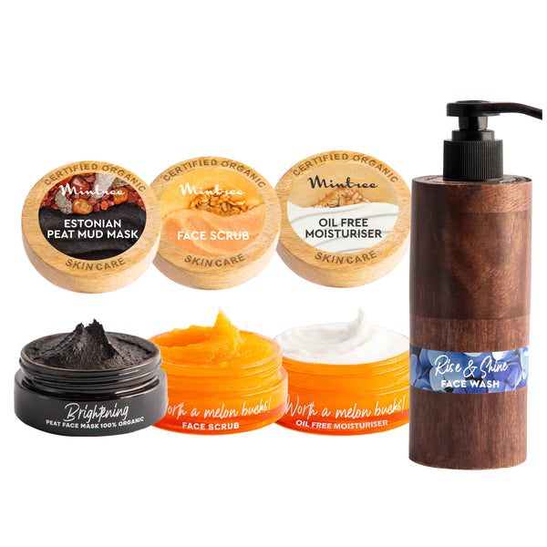 Melon Face Scrub, Black Mask, Melon Moisturizer & Rise&Shine Face Wash