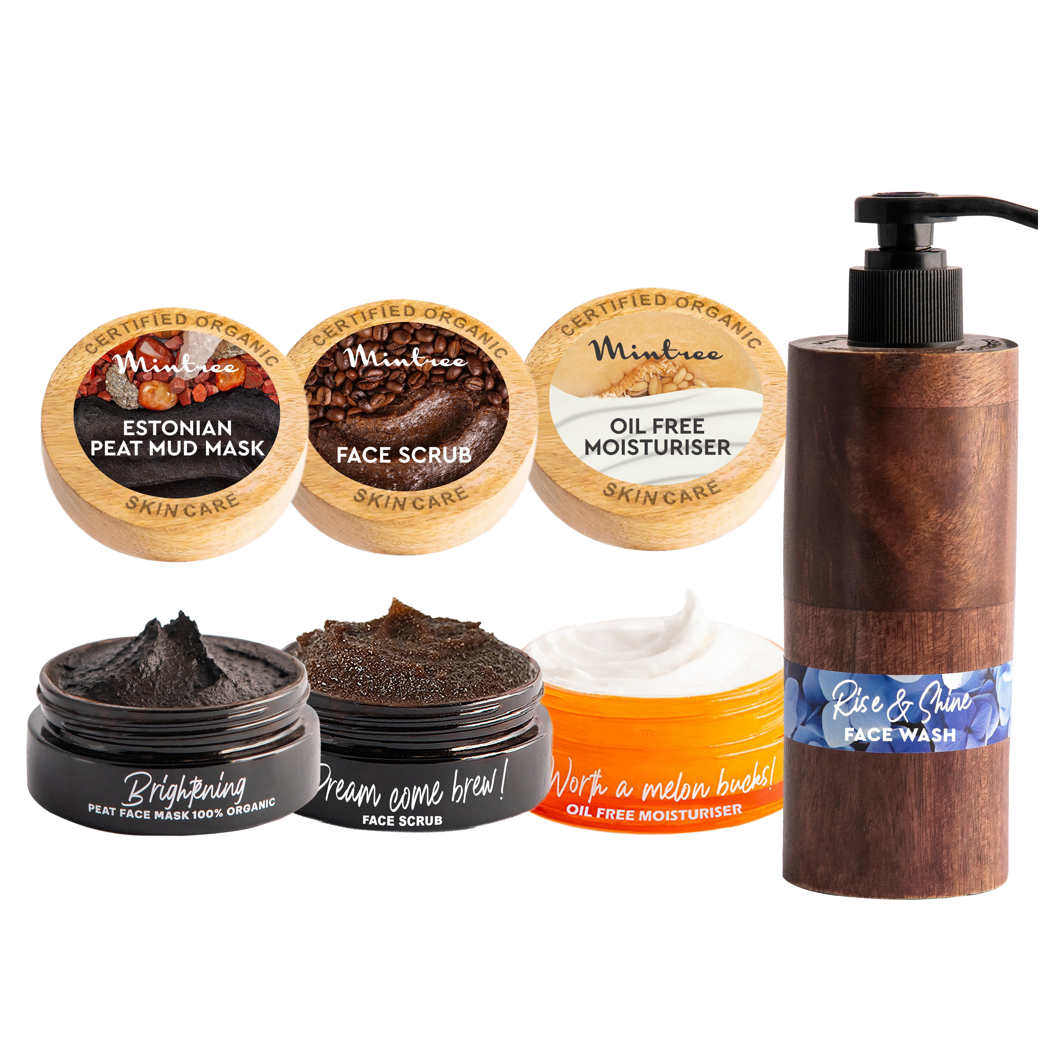 Coffee Face Scrub, Black Mask, Melon Moisturizer & Rise&Shine Face Wash