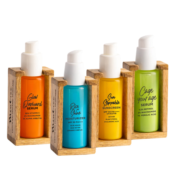 Glow-Overboard Serum, Cage Your Age Serum, Rise&Shine Moisturizer & Sunscreen