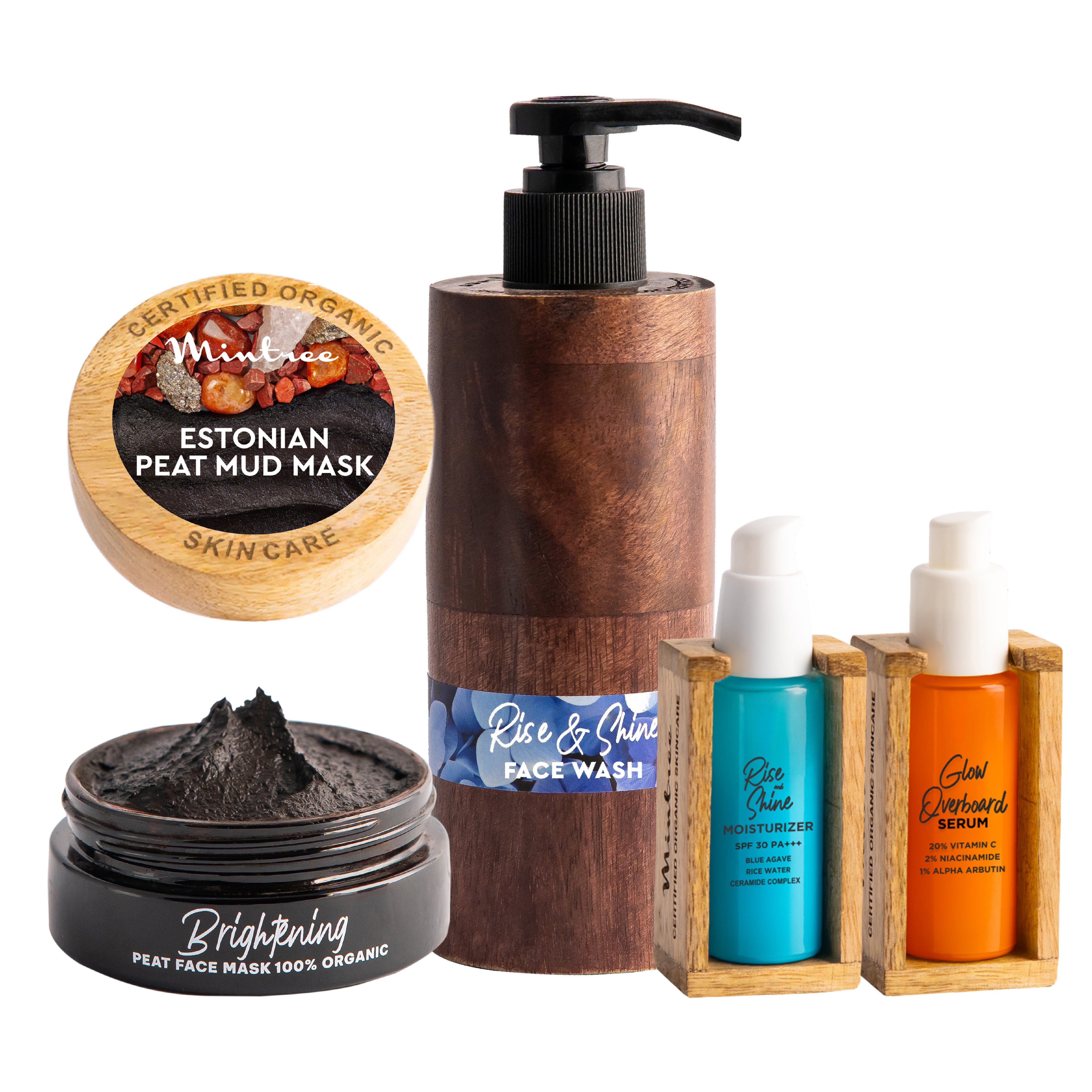 Glow-Overboard Serum, Body Mask, Rise&Shine Moisturizer & Rise&Shine Face Wash