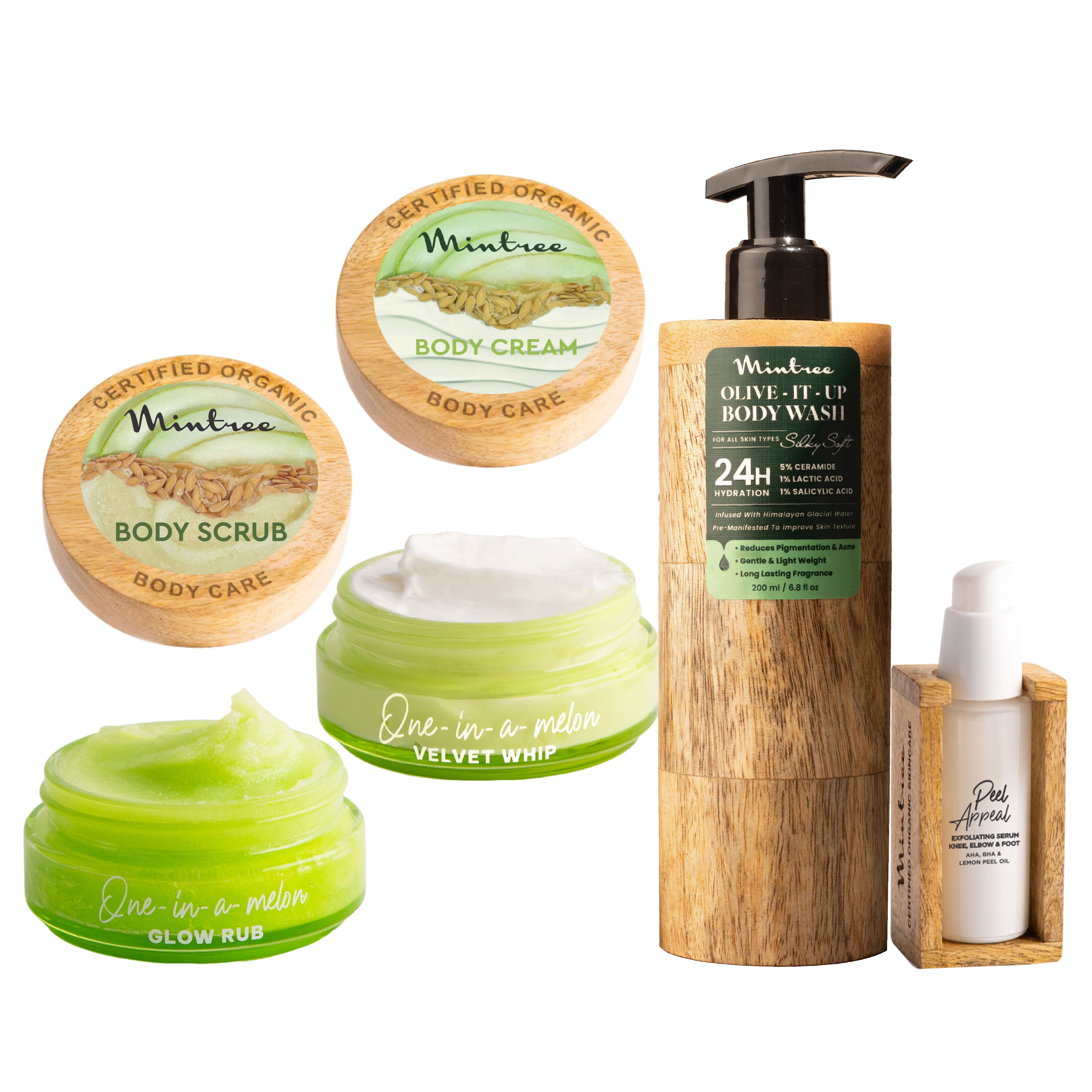 Olive Body Wash, Melon Body Scrub, Body Butter & Peel Appeal