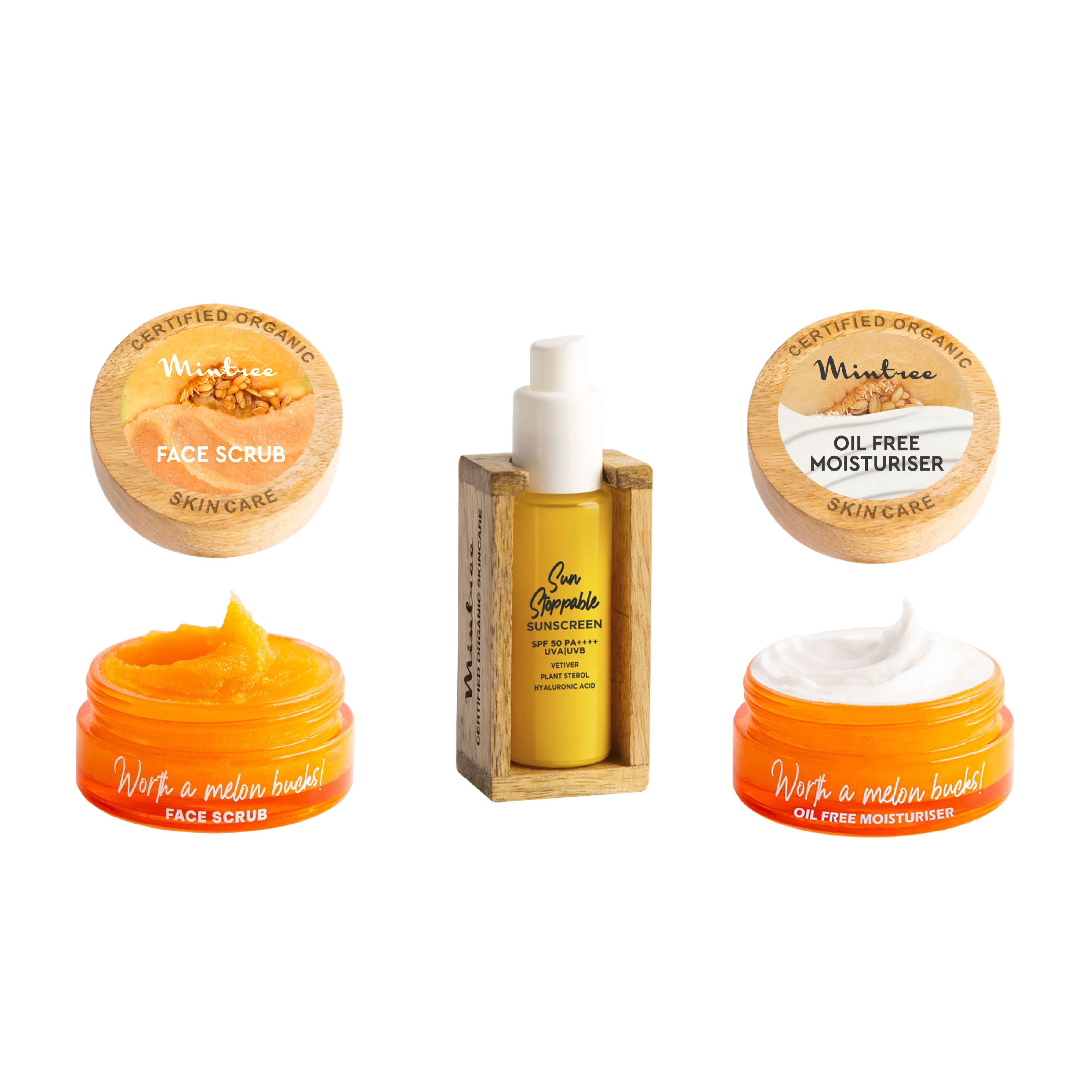 Melon Face Scrub, Moisturizer & Sunscreen
